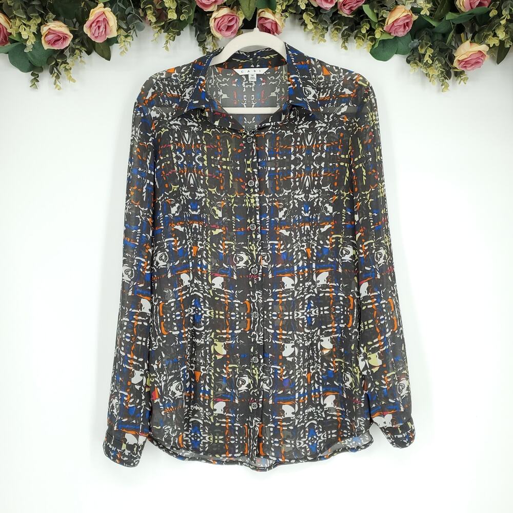 CAbi Festival Semi Sheer Grey Button Down Blouse Size Medium